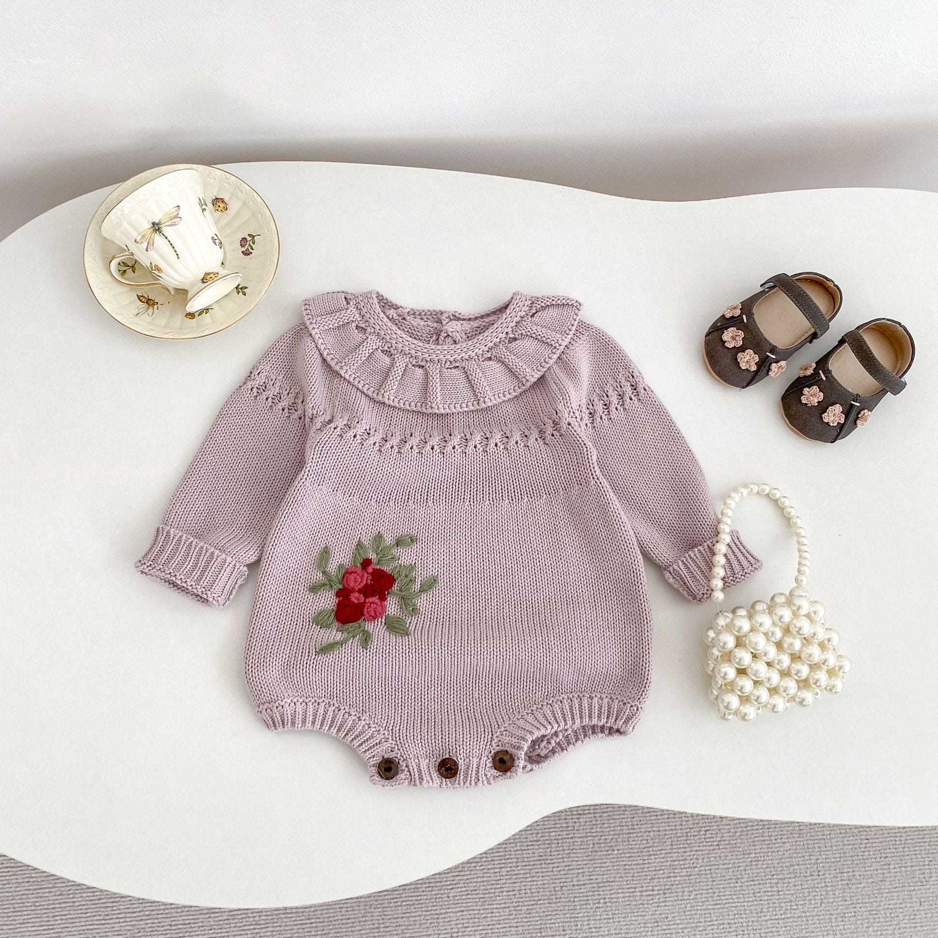 長袖ロンパース ビッグフリル襟花刺繍ニットロンパース【mh0010850】