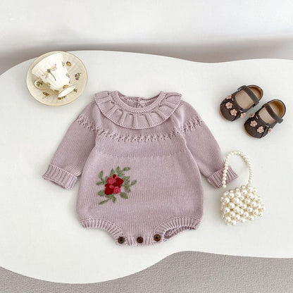 長袖ロンパース ビッグフリル襟花刺繍ニットロンパース【mh0010850】