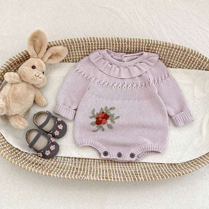 長袖ロンパース ビッグフリル襟花刺繍ニットロンパース【mh0010850】