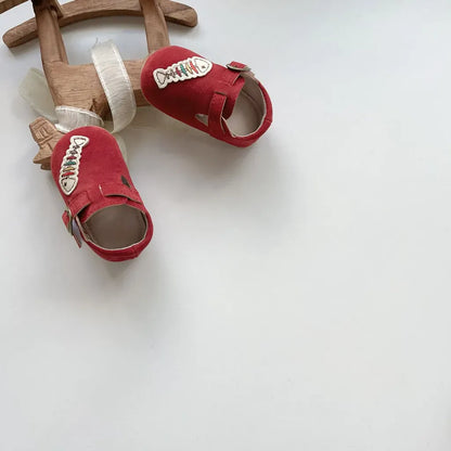 ベビー用靴 フィッシュボーン刺繍ストラップシューズ ソフトソールベビーシューズ【mh0011069】