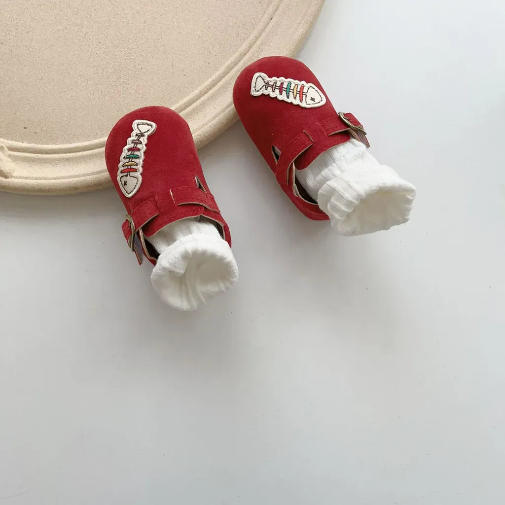 ベビー用靴 フィッシュボーン刺繍ストラップシューズ ソフトソールベビーシューズ【mh0011069】