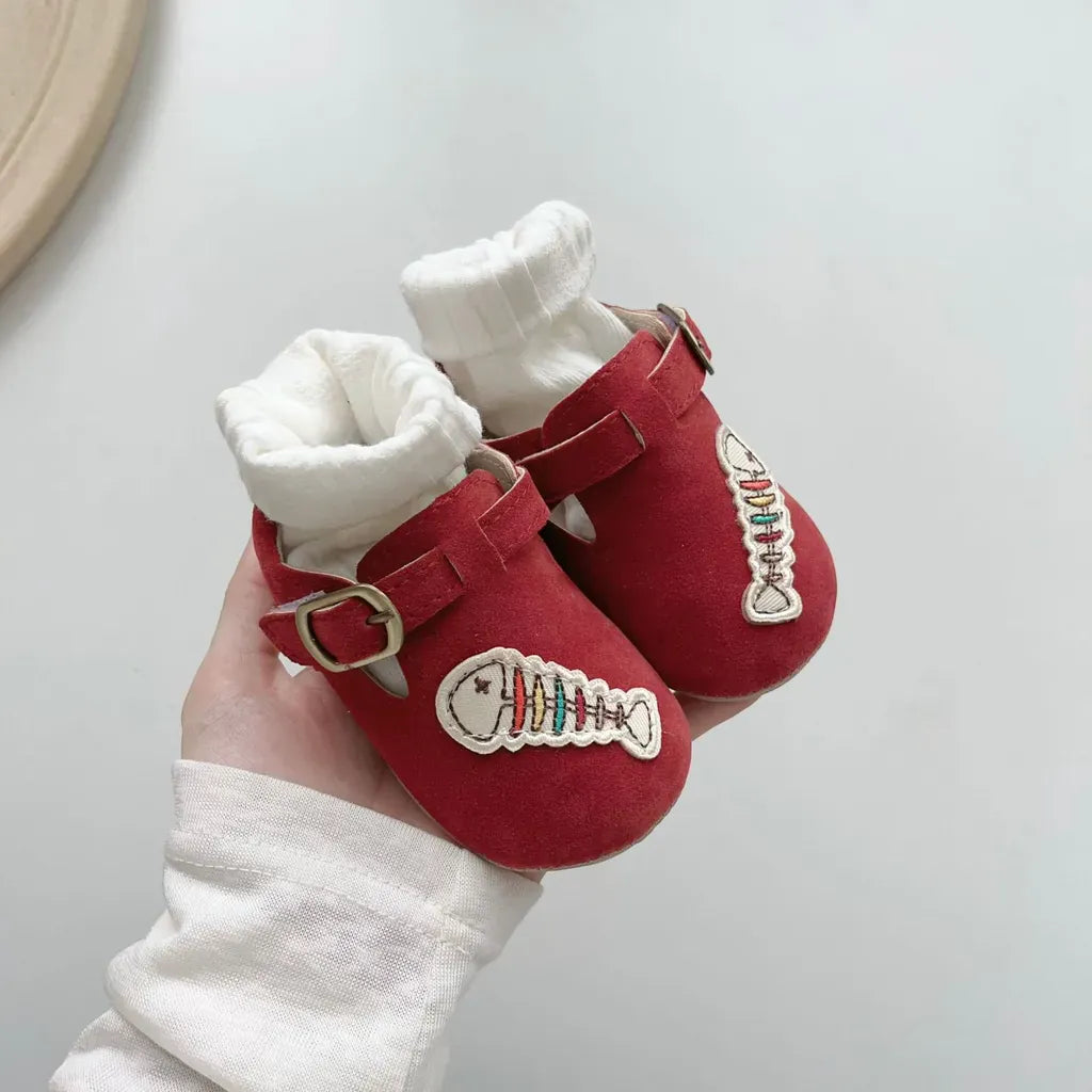 ベビー用靴 フィッシュボーン刺繍ストラップシューズ ソフトソールベビーシューズ【mh0011069】