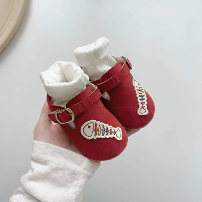 ベビー用靴 フィッシュボーン刺繍ストラップシューズ ソフトソールベビーシューズ【mh0011069】