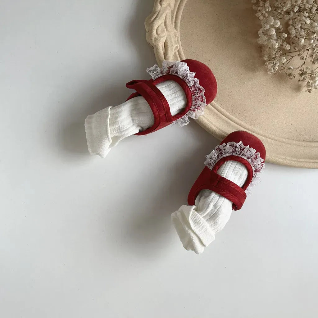 ベビー用靴 レースフリル付きストラップシューズ ソフトソールフォーマルシューズ【mh0011070】