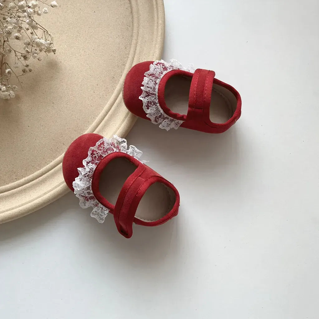 ベビー用靴 レースフリル付きストラップシューズ ソフトソールフォーマルシューズ【mh0011070】