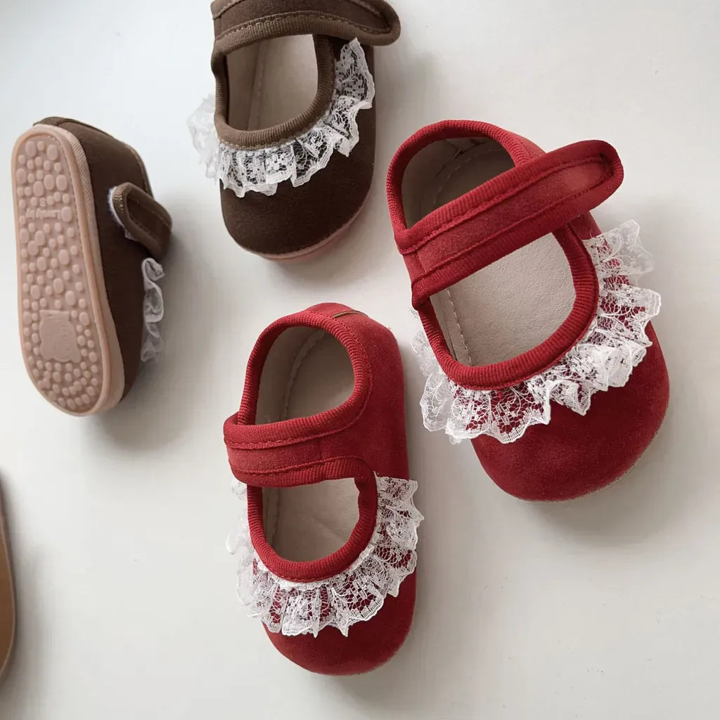 ベビー用靴 レースフリル付きストラップシューズ ソフトソールフォーマルシューズ【mh0011070】