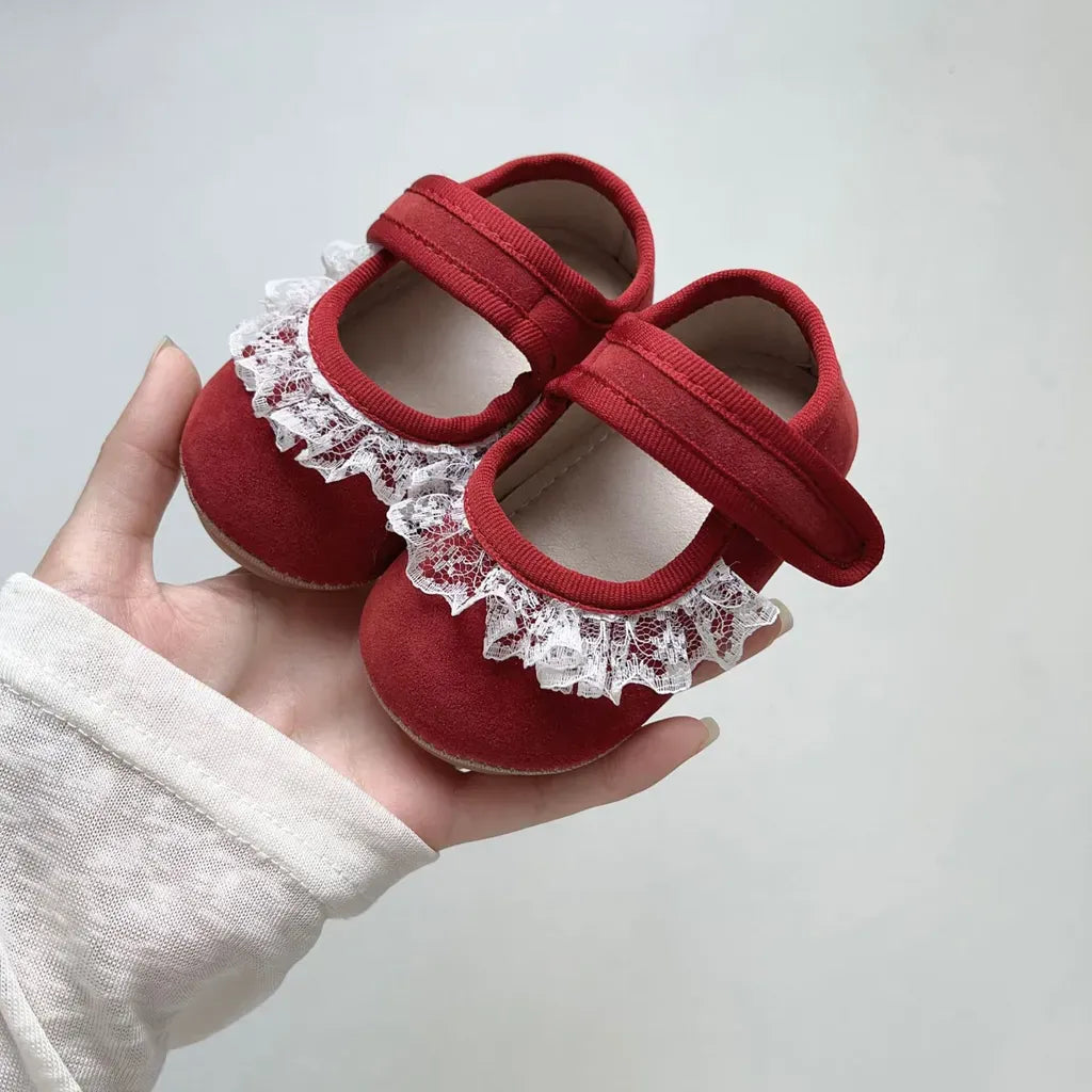 ベビー用靴 レースフリル付きストラップシューズ ソフトソールフォーマルシューズ【mh0011070】