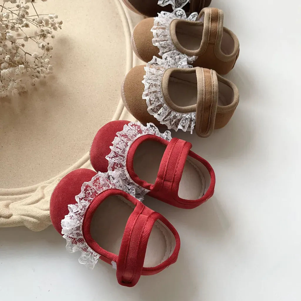ベビー用靴 レースフリル付きストラップシューズ ソフトソールフォーマルシューズ【mh0011070】