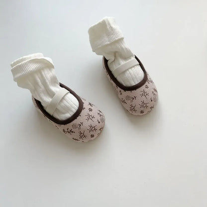 ベビー用靴 小花柄ストラップバレエシューズ ソフトソールベビーシューズ ゴムバンド付き【mh0011072】