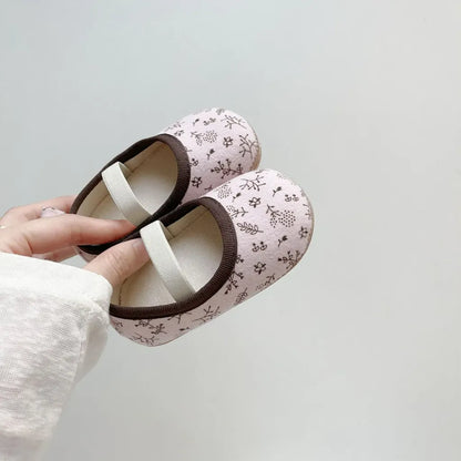 ベビー用靴 小花柄ストラップバレエシューズ ソフトソールベビーシューズ ゴムバンド付き【mh0011072】