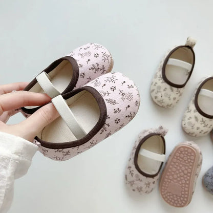 ベビー用靴 小花柄ストラップバレエシューズ ソフトソールベビーシューズ ゴムバンド付き【mh0011072】
