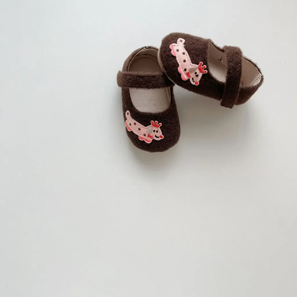 ベビー用靴 ドッグ刺繍フランネルストラップベビーシューズ【mh0011076】
