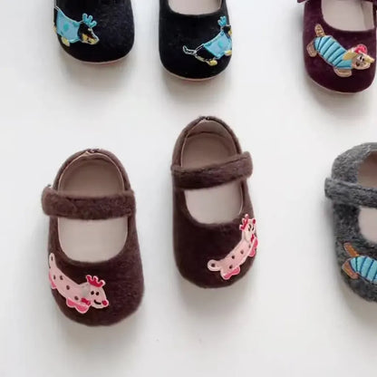 ベビー用靴 ドッグ刺繍フランネルストラップベビーシューズ【mh0011076】