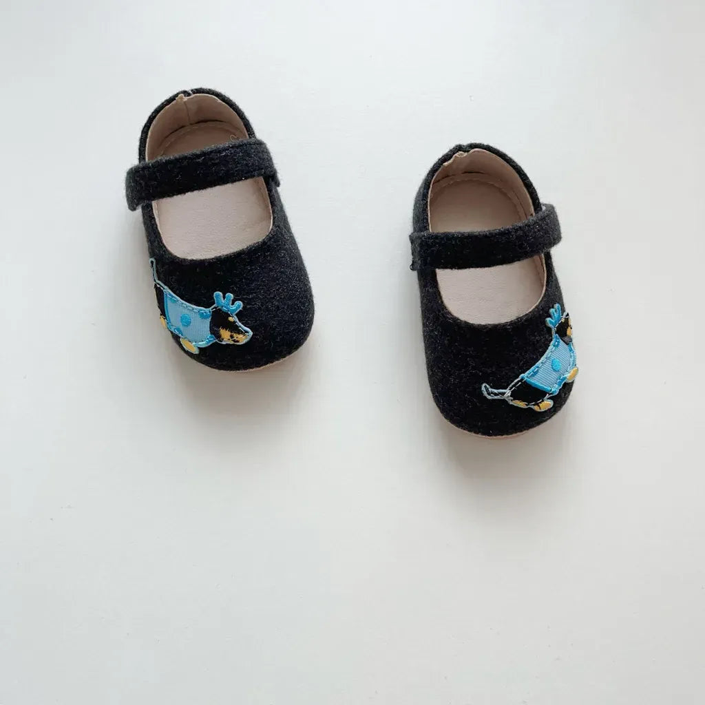 ベビー用靴 ドッグ刺繍フランネルストラップベビーシューズ【mh0011076】