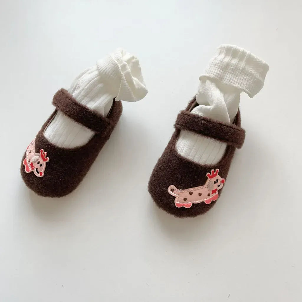 ベビー用靴 ドッグ刺繍フランネルストラップベビーシューズ【mh0011076】