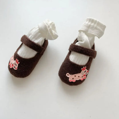 ベビー用靴 ドッグ刺繍フランネルストラップベビーシューズ【mh0011076】