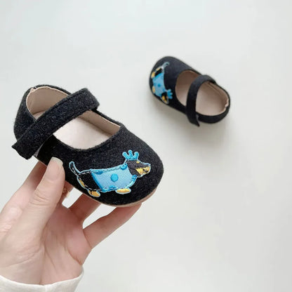 ベビー用靴 ドッグ刺繍フランネルストラップベビーシューズ【mh0011076】