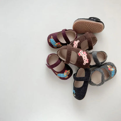 ベビー用靴 ドッグ刺繍フランネルストラップベビーシューズ【mh0011076】