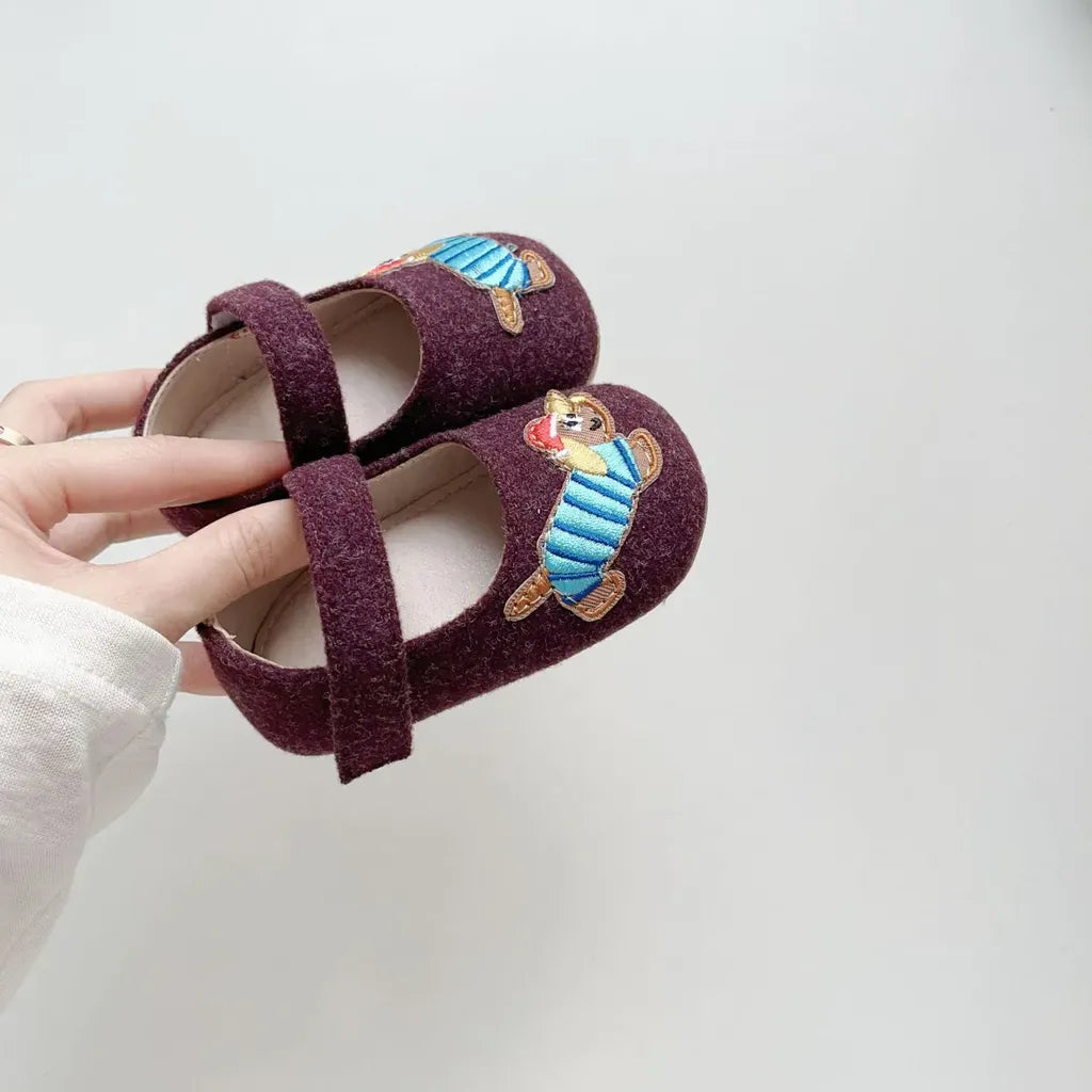ベビー用靴 ドッグ刺繍フランネルストラップベビーシューズ【mh0011076】