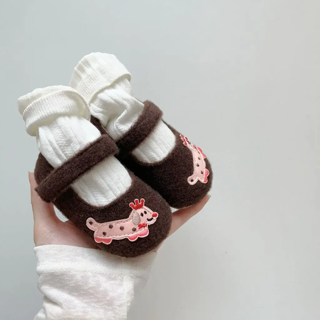 ベビー用靴 ドッグ刺繍フランネルストラップベビーシューズ【mh0011076】