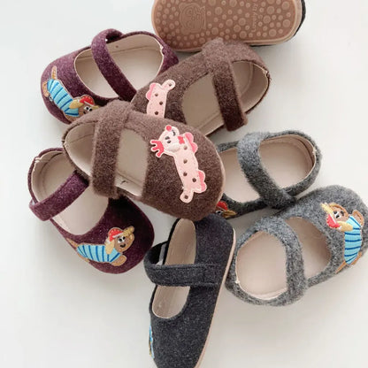 ベビー用靴 ドッグ刺繍フランネルストラップベビーシューズ【mh0011076】