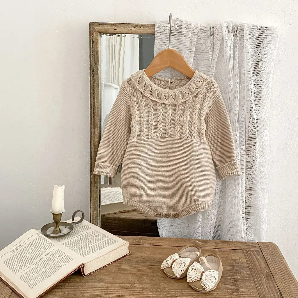 長袖ロンパース フリル襟透かし編みニットロンパース【mh0011079】