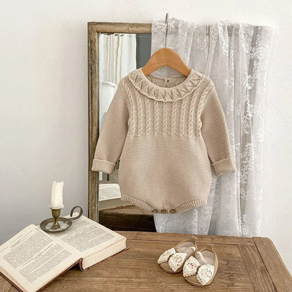 長袖ロンパース フリル襟透かし編みニットロンパース【mh0011079】