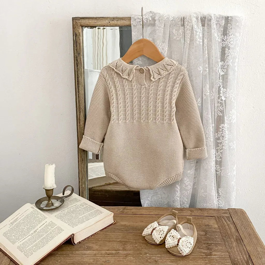 長袖ロンパース フリル襟透かし編みニットロンパース【mh0011079】