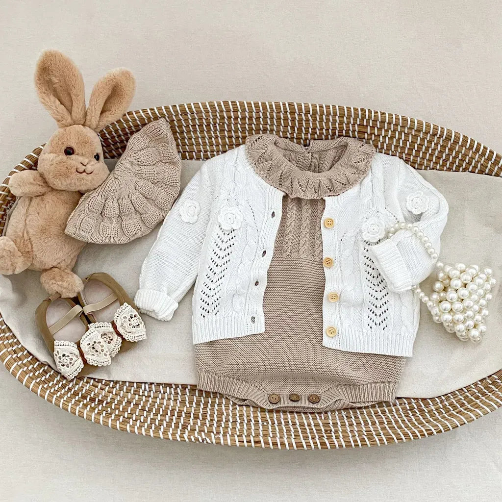 長袖ロンパース フリル襟透かし編みニットロンパース【mh0011079】