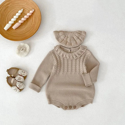 長袖ロンパース フリル襟透かし編みニットロンパース【mh0011079】