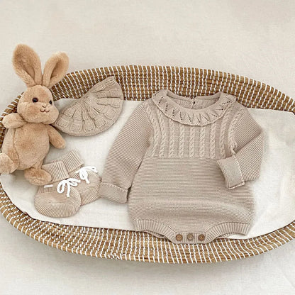 長袖ロンパース フリル襟透かし編みニットロンパース【mh0011079】