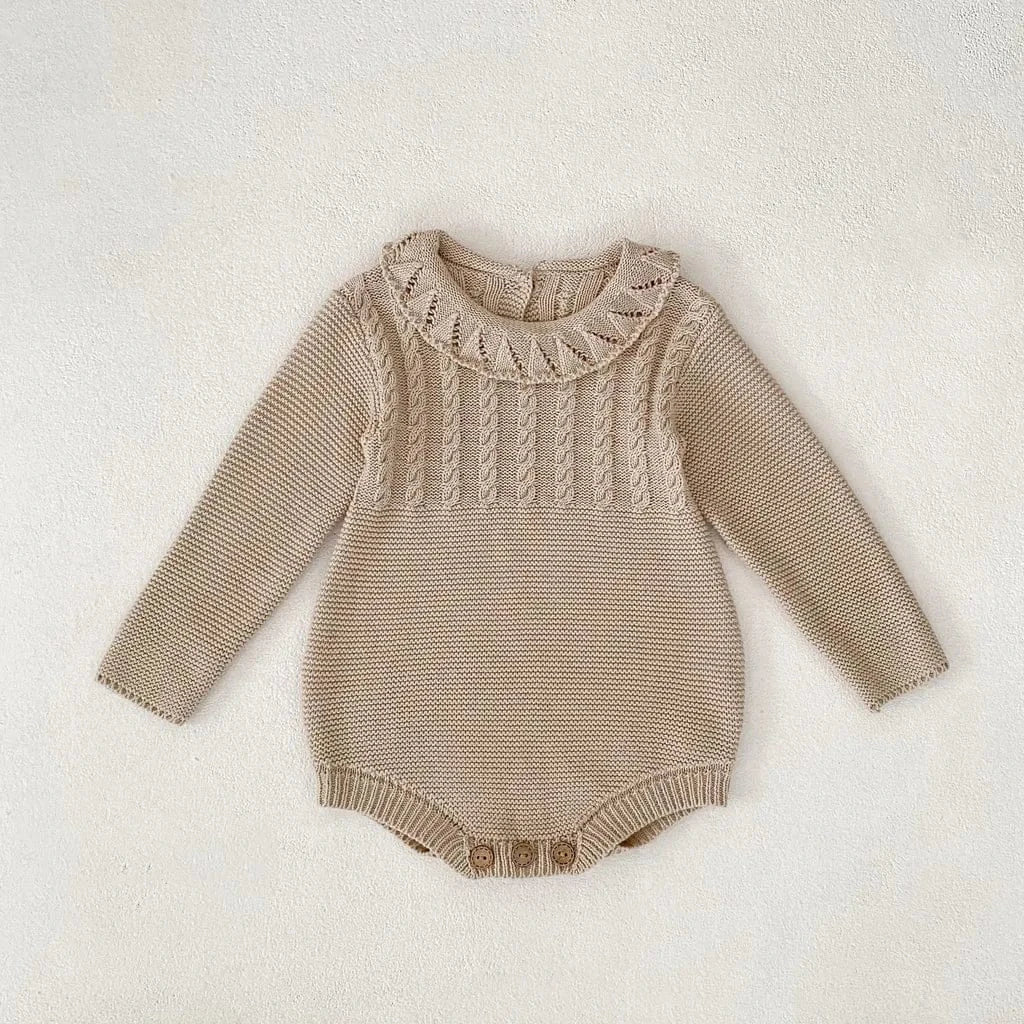 長袖ロンパース フリル襟透かし編みニットロンパース【mh0011079】