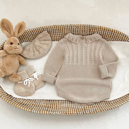 長袖ロンパース フリル襟透かし編みニットロンパース【mh0011079】