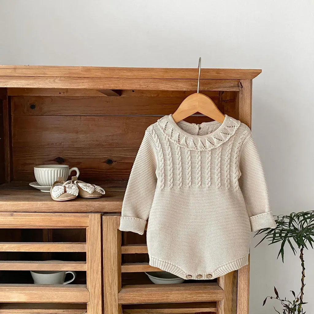 長袖ロンパース フリル襟透かし編みニットロンパース【mh0011079】