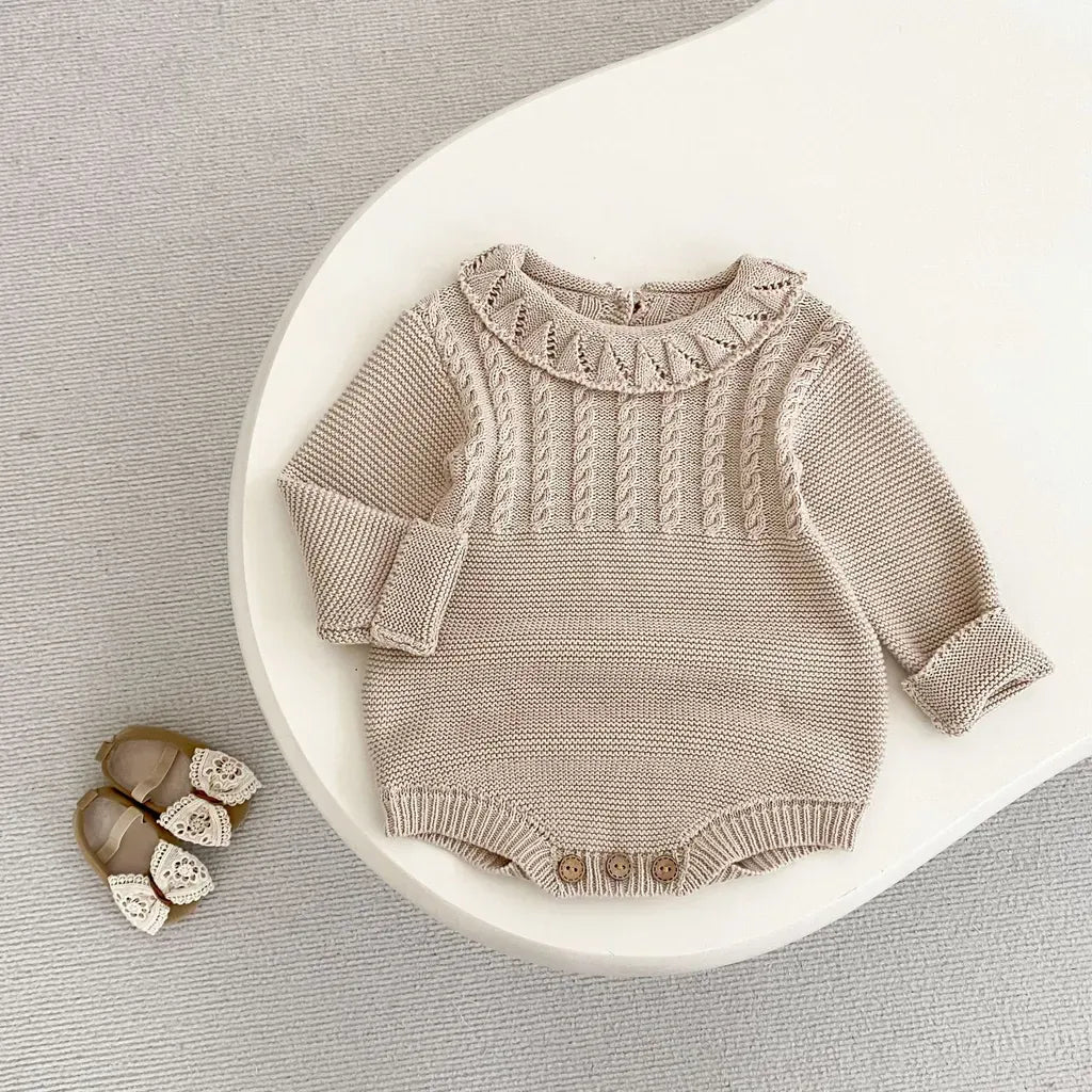 長袖ロンパース フリル襟透かし編みニットロンパース【mh0011079】