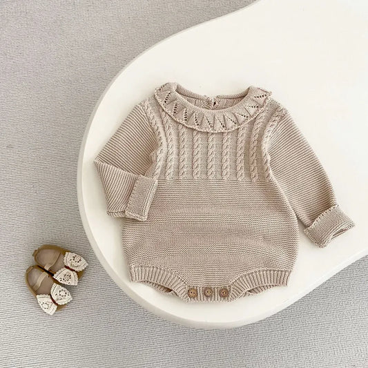 長袖ロンパース フリル襟透かし編みニットロンパース【mh0011079】