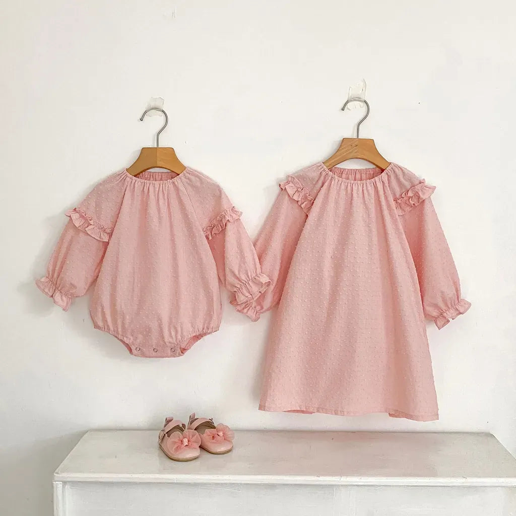 長袖ロンパース ドットエンボスフリル姉妹お揃いワンピース/ロンパース【mh0011083】