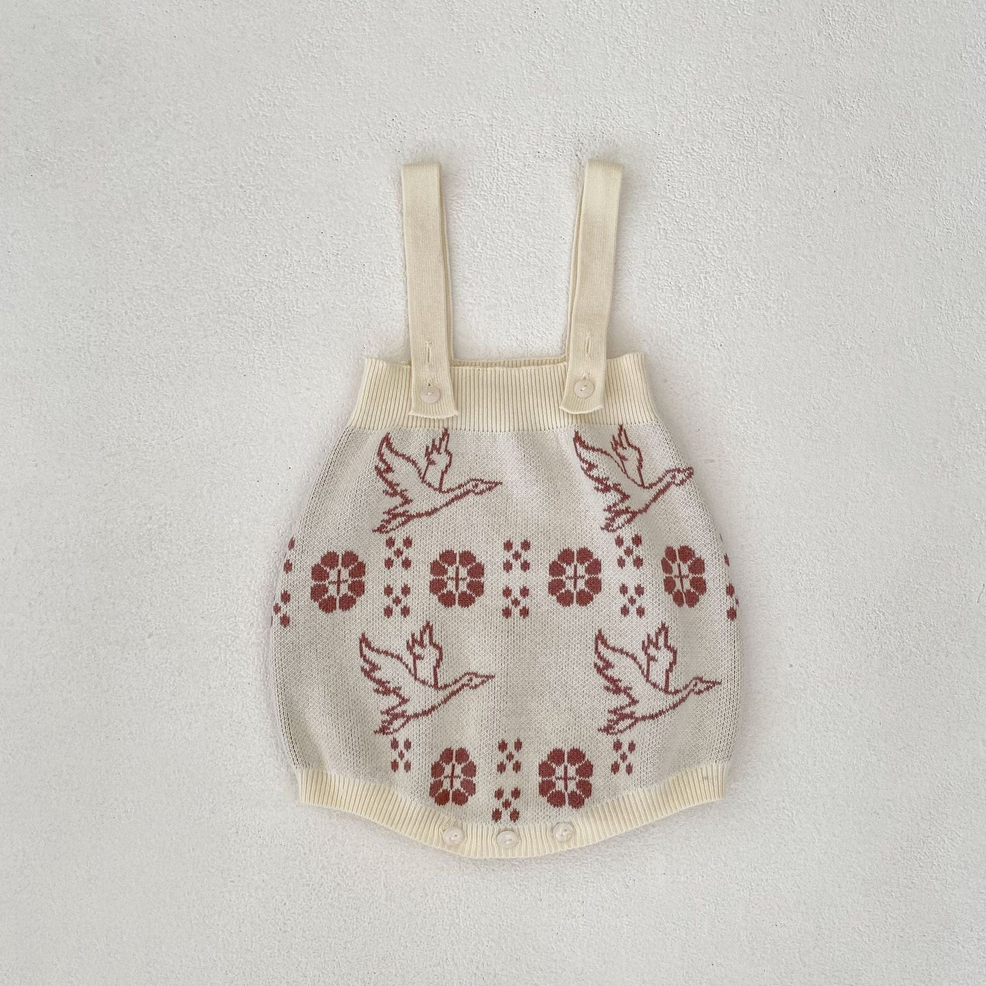 ロンパースセットアップ milky white bodysuit / 66cm フラワーバードニット長袖カーディガン/サスペンダーニットロンパース【mh0010517】