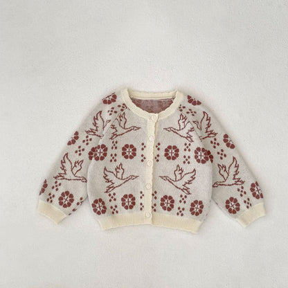 ロンパースセットアップ milky white coat / 66cm フラワーバードニット長袖カーディガン/サスペンダーニットロンパース【mh0010517】