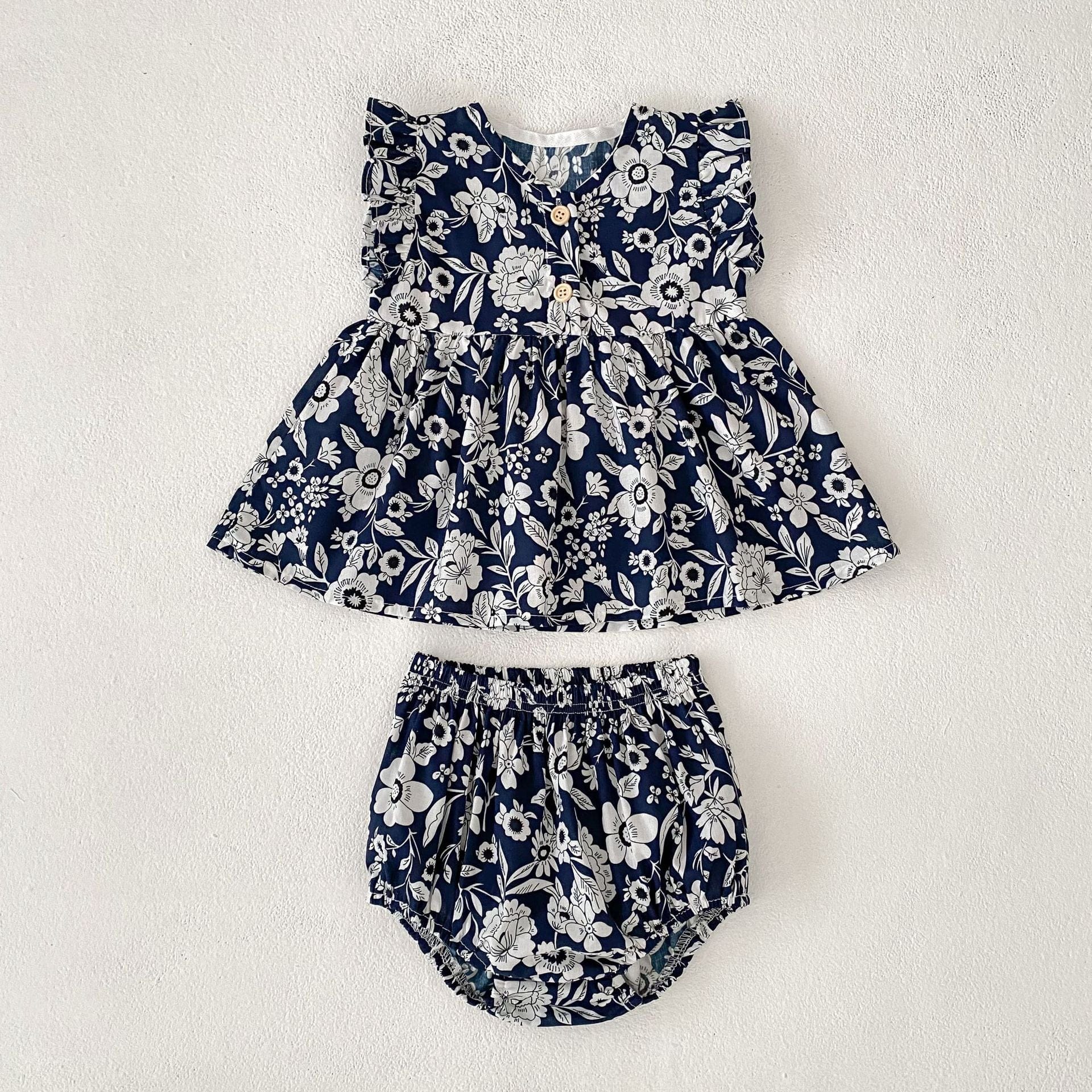 ノースリーブセットアップ Navy Blue / 73cm 花柄シックノースリーブチュニック+ブルマパンツセットアップ 2点セット【mh0010163】