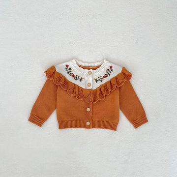 カーディガン・パーカー Orange / 6M  66CM ベビーカーディガン ラッフルフリル ニットジャケット フラワー刺繍 オレンジ【mh0006408】