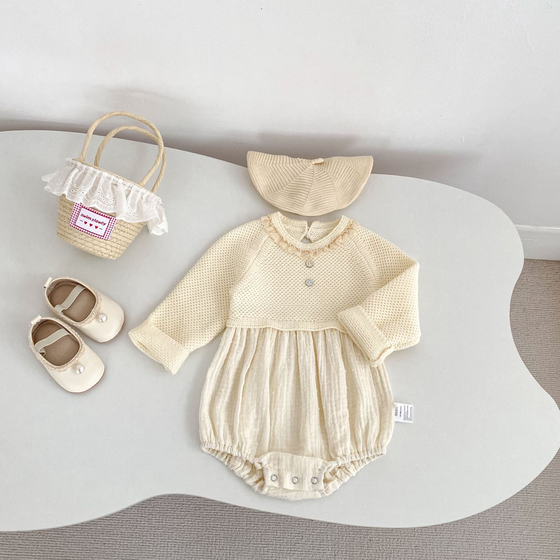 長袖ロンパース Patchwork Knitted Romper パッチワーク ニット ロンパース【mh0012179】