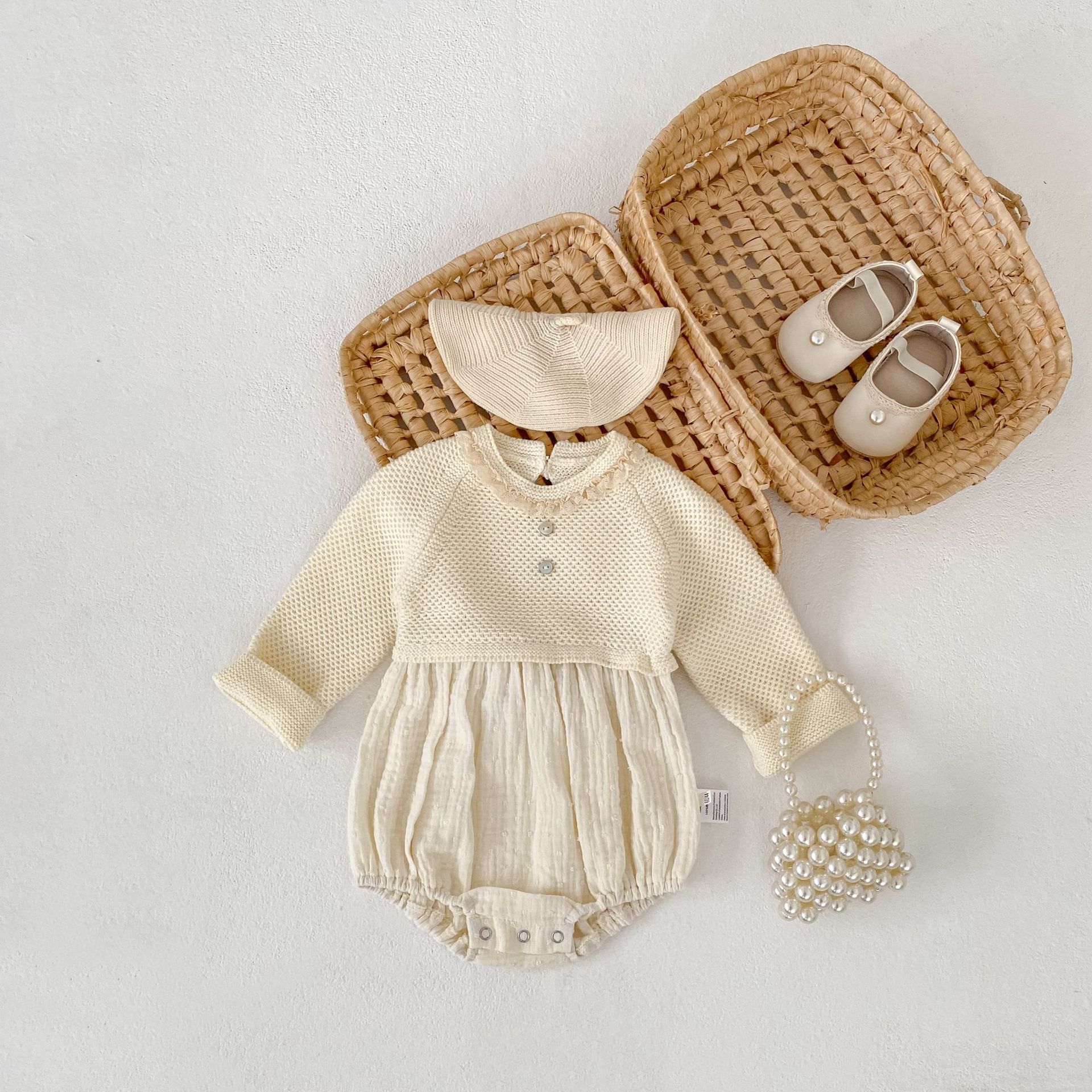 長袖ロンパース Patchwork Knitted Romper パッチワーク ニット ロンパース【mh0012179】