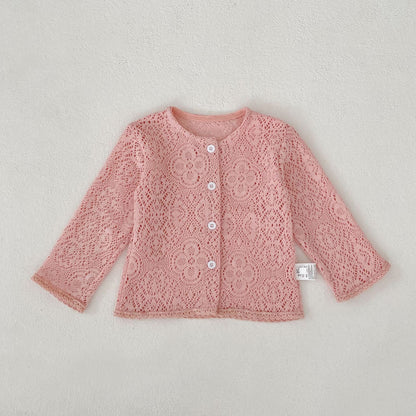 カーディガン・パーカー Pink / 66cm Lace Flower Knitted Cardigan レース フラワー 透かし編み カーディガン【mh0012164】
