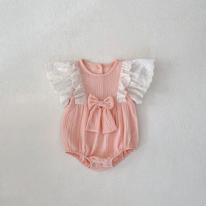 半袖ロンパース Pink / 66cm バタフライフリルショルダーリボンロンパース【mh0010151】