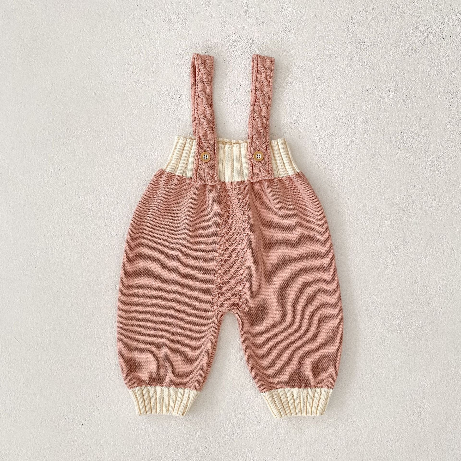 長袖セットアップ Pink / 66cm フラワープリント襟ニットトップス/ニットサスペンダーパンツ【mh0010513】