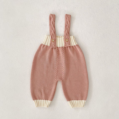 長袖セットアップ Pink / 66cm フラワープリント襟ニットトップス/ニットサスペンダーパンツ【mh0010513】