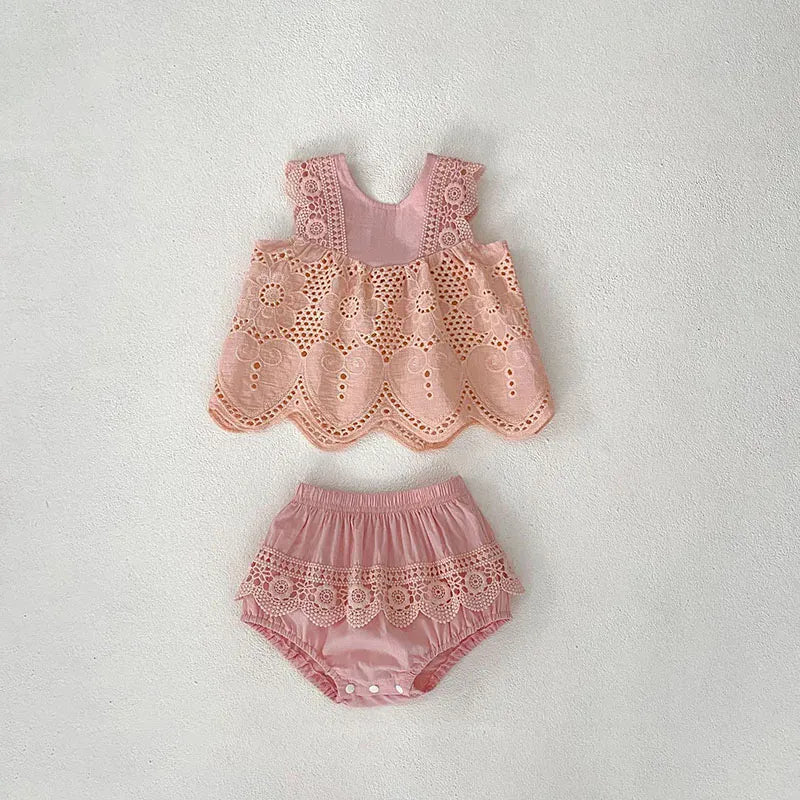 ノースリーブセットアップ Pink / 6M 66cm ベビーセットアップ 2点セット レース ノースリーブブラウス+ブルマパンツ 2カラー【mh0006523】