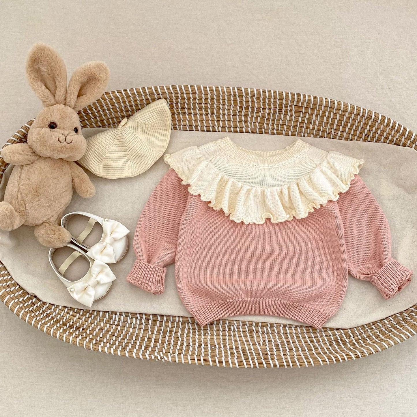 長袖セットアップ Pink / 73cm ケープ襟長袖ニットトップス/チュール刺繍レーススカート【mh0010512】