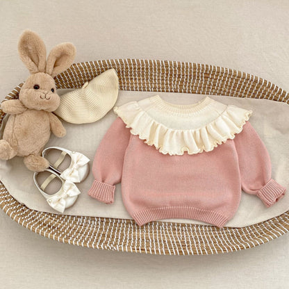 長袖セットアップ Pink / 73cm ケープ襟長袖ニットトップス/チュール刺繍レーススカート【mh0010512】